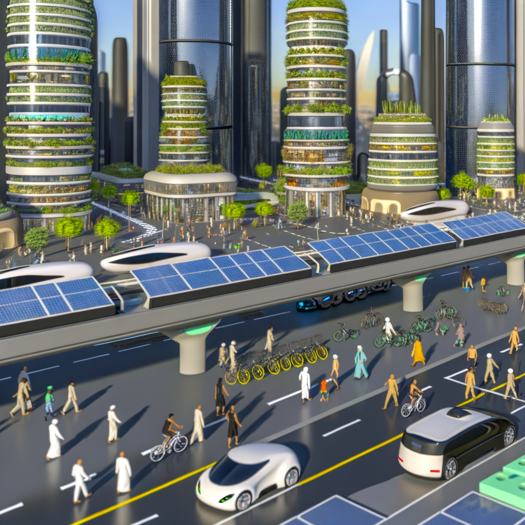 Futuristic cityscape with diverse sustainable transport.