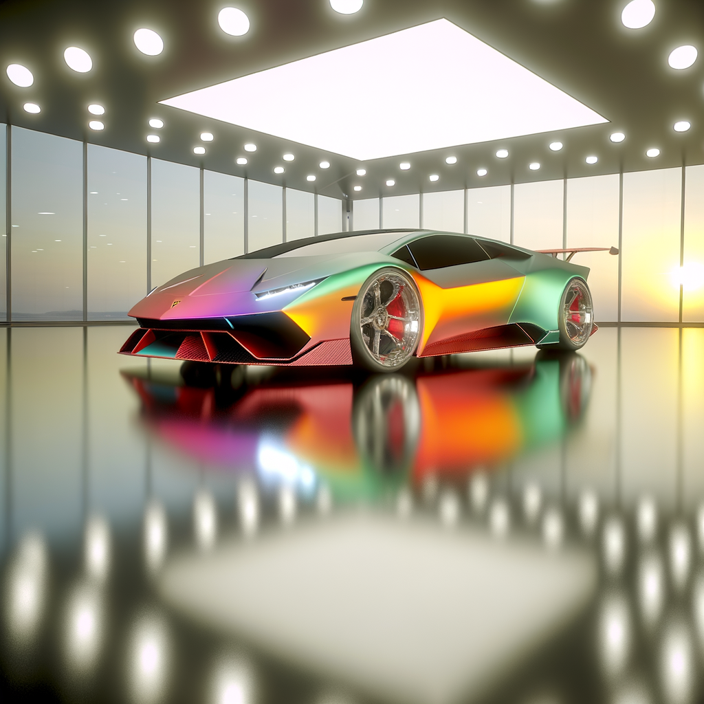 Futuristic Lamborghini supercar in sleek showroom.