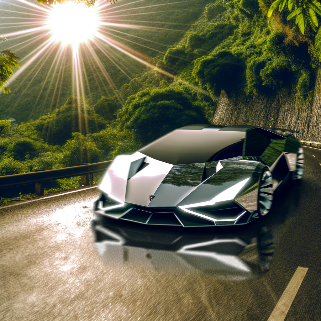 Futuristic Lamborghini supercar on winding road.