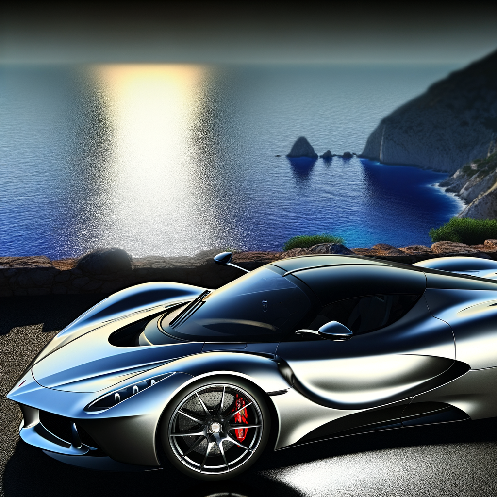 Lamborghini supercar glistening on scenic coastline.