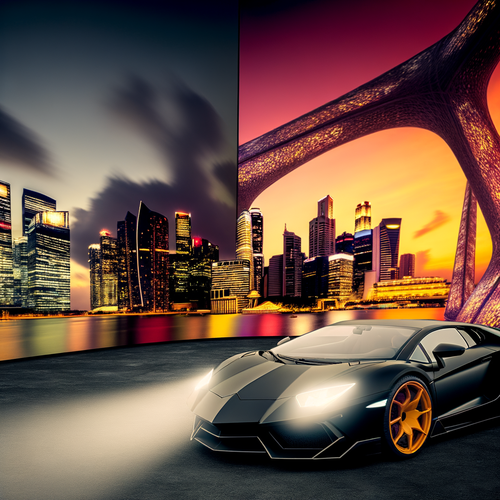 Lamborghini supercar in futuristic cityscape, sunset.