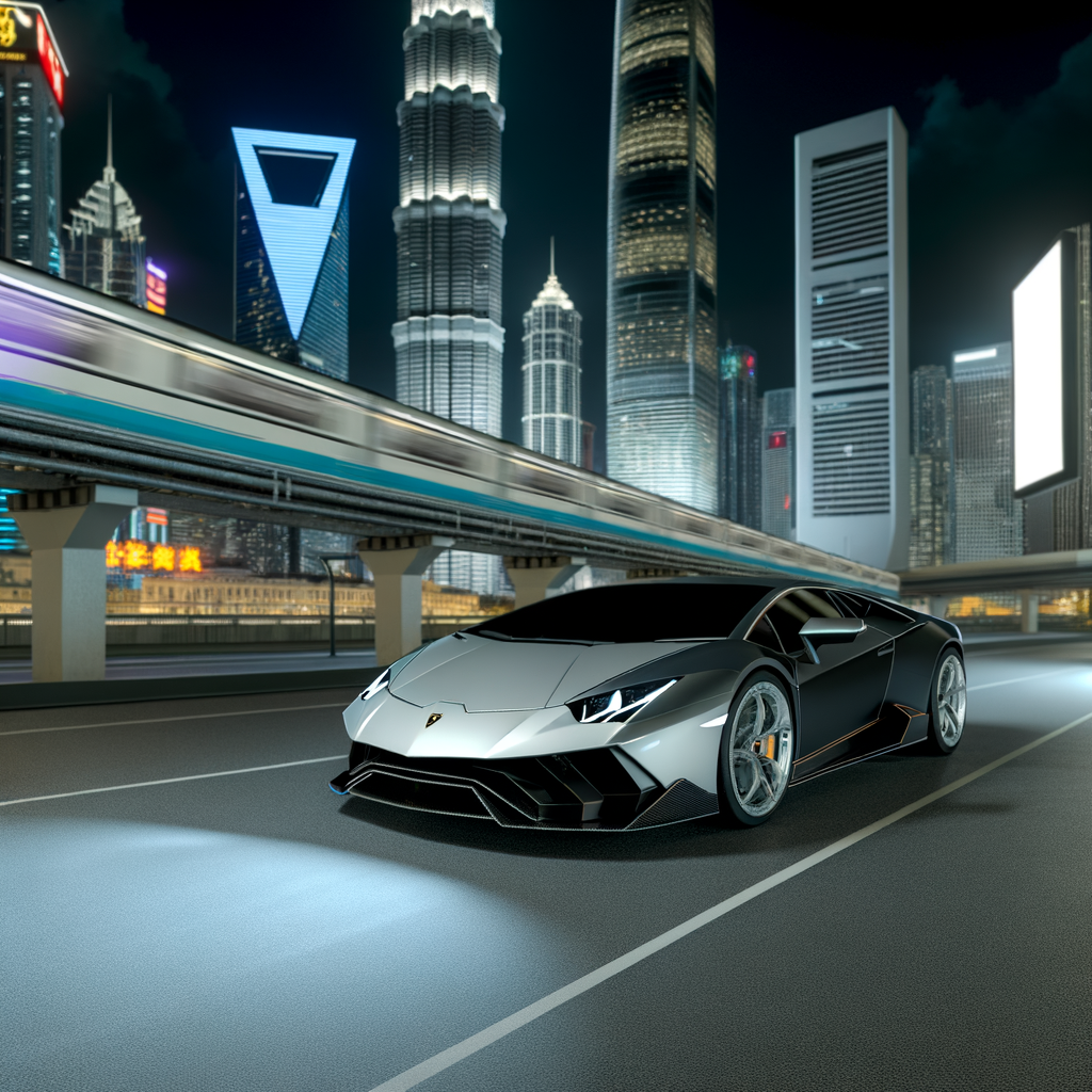 Lamborghini supercar in futuristic urban setting.