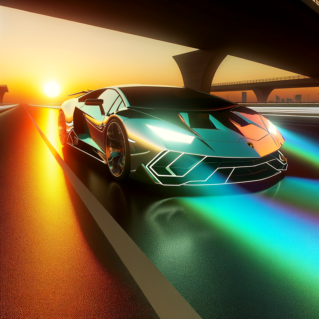 Lamborghini supercar on sleek, futuristic highway.