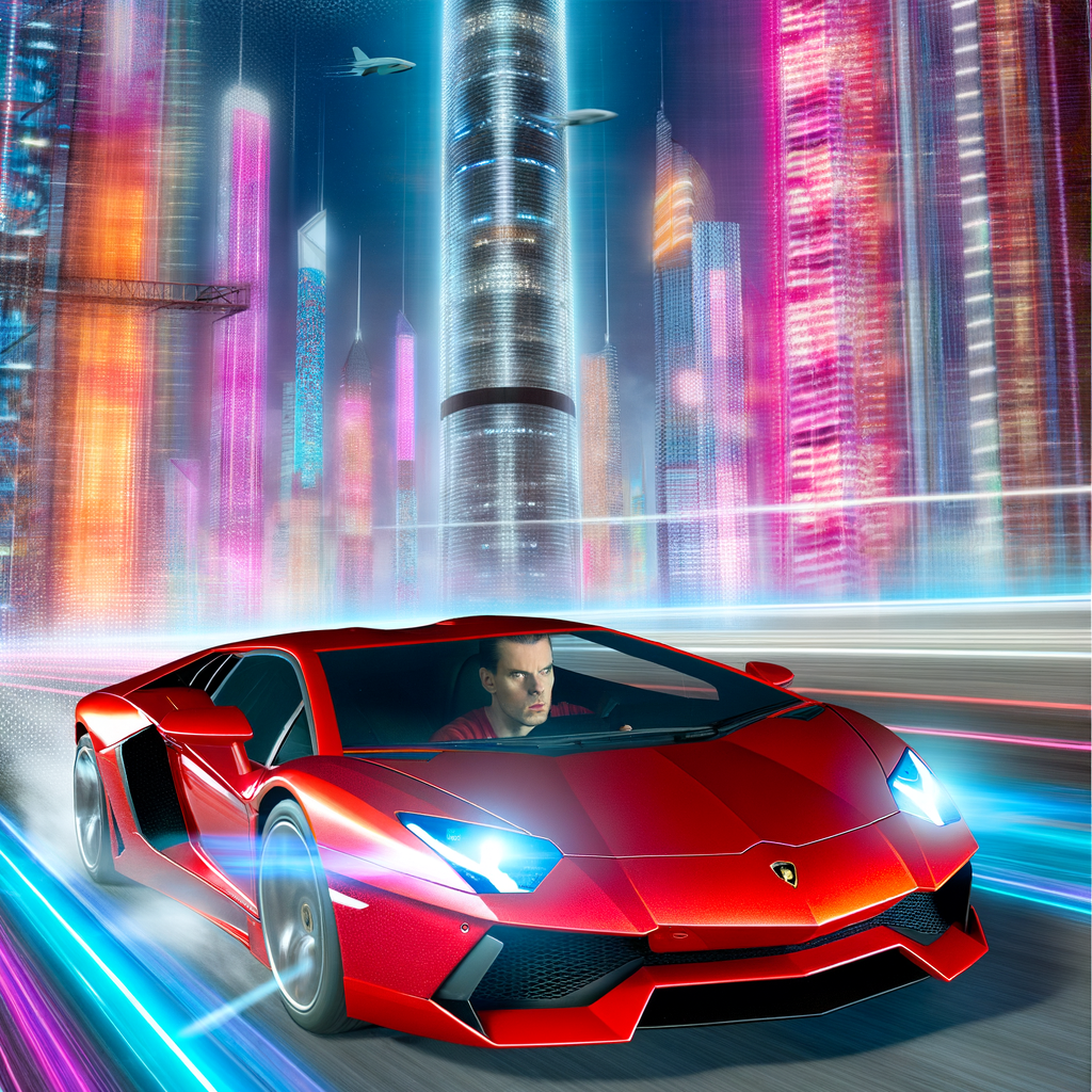 Lamborghini supercar speeding through futuristic cityscape.