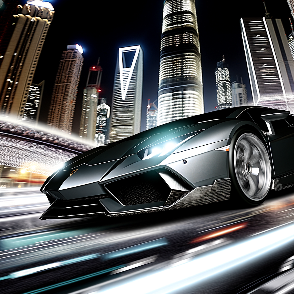 Lamborghini supercar speeding through futuristic city.