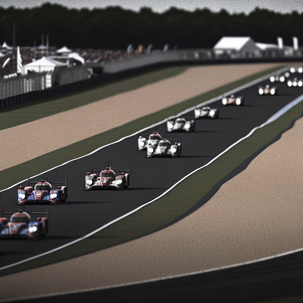 Photorealistic Le Mans race, adrenaline-fueled action.