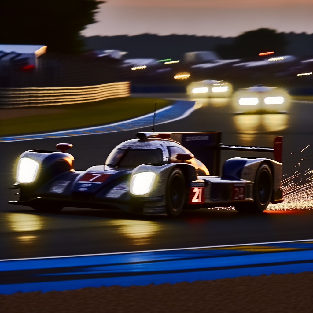 Race cars speed through twilight Le Mans.