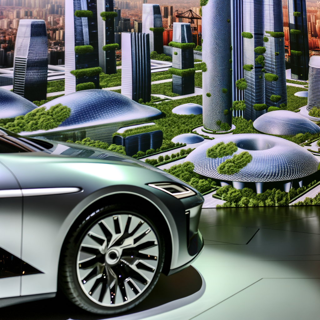 Sleek BMW car with futuristic cityscape.