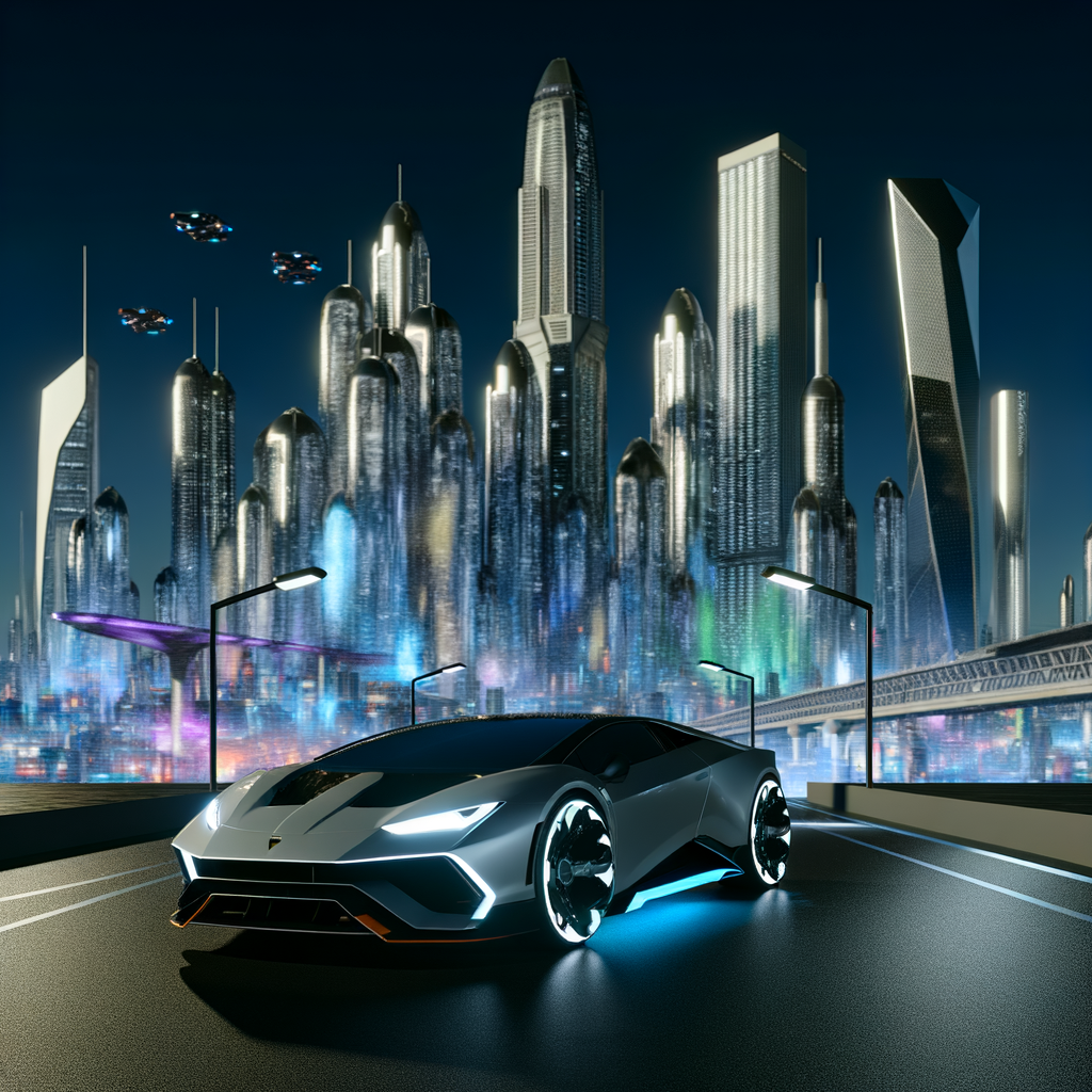 Sleek Lamborghini hybrid amidst futuristic cityscape.