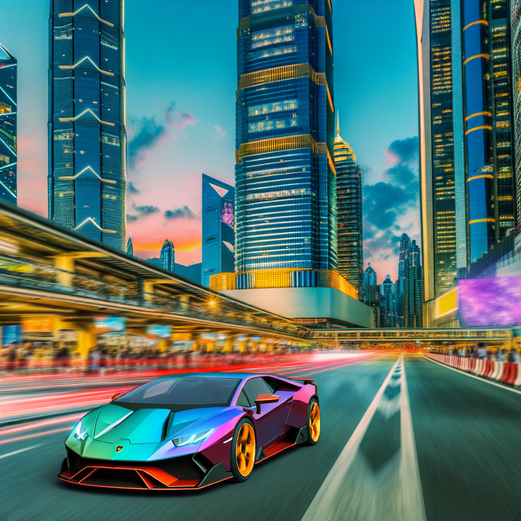 Sleek Lamborghini hybrid cruising through futuristic cityscape.