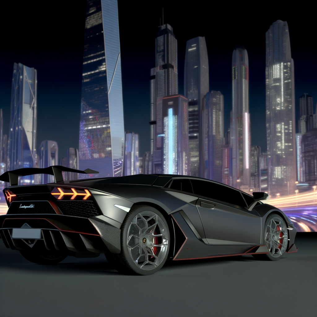 Sleek Lamborghini supercar amidst futuristic cityscape.