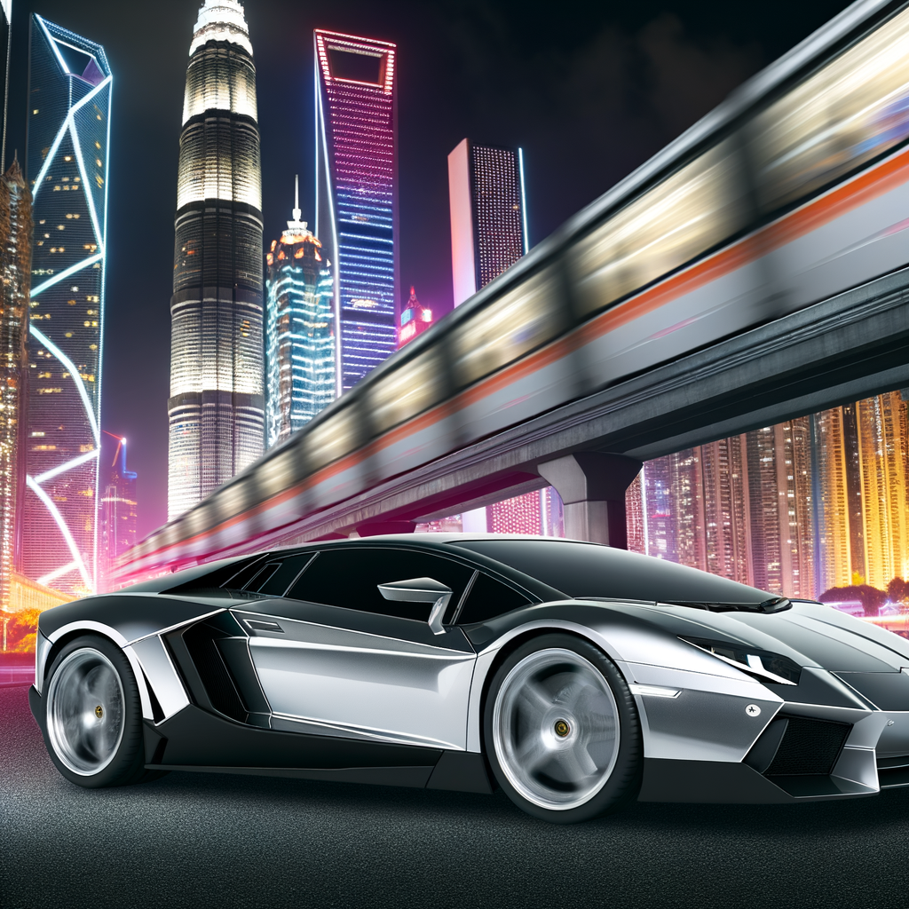 Sleek Lamborghini supercar in futuristic cityscape.