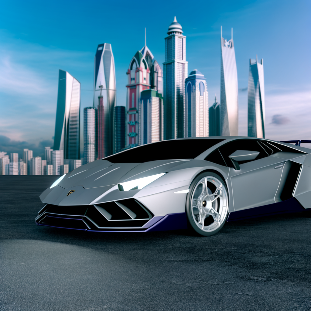 Sleek Lamborghini supercar in futuristic cityscape.