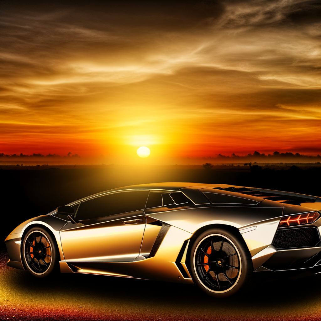 Sleek Lamborghini supercar in scenic sunset.