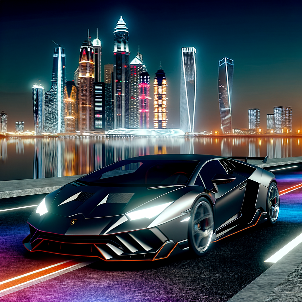 Sleek Lamborghini supercar on futuristic road.