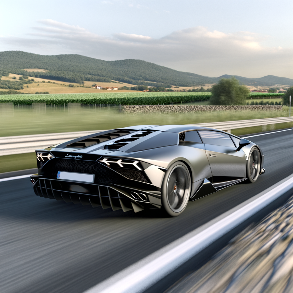 Sleek Lamborghini supercar on scenic highway.