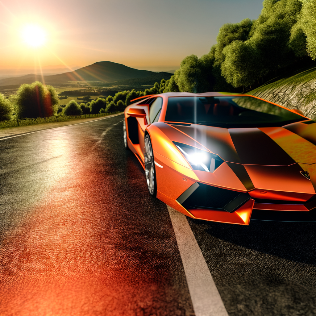 Sleek Lamborghini supercar on winding road.