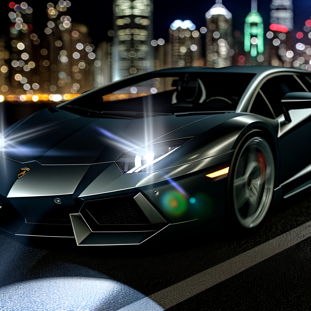 Sleek Lamborghini supercar speeding through city.