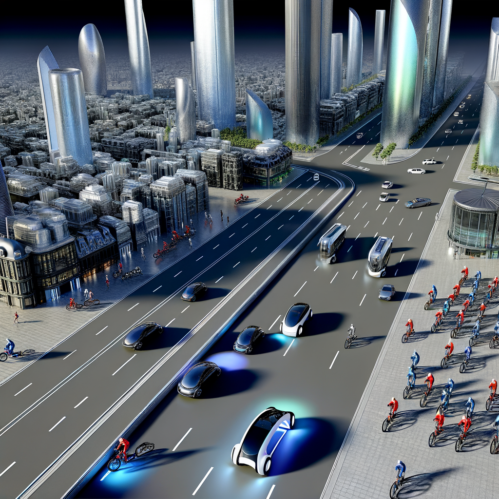 Futuristic cityscape, EVs, bikes, interconnected transport.