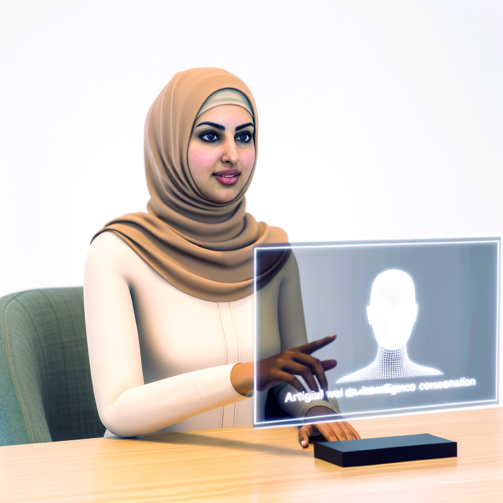 A serene woman consulting an AI lawyer.