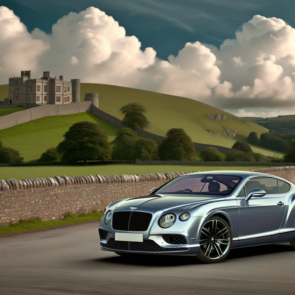 Bentley Continental GT amidst opulent British landscape.