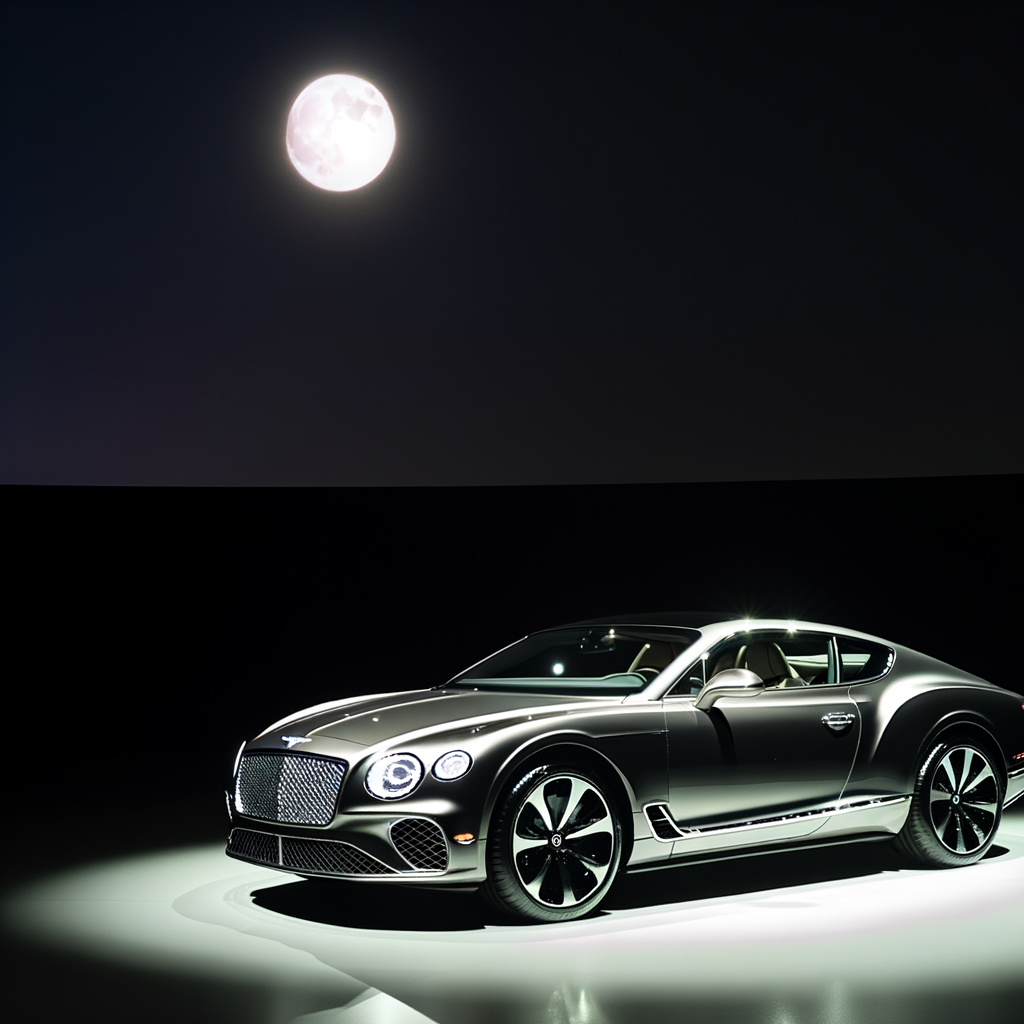 Bentley Continental GT glistening under moonlight.