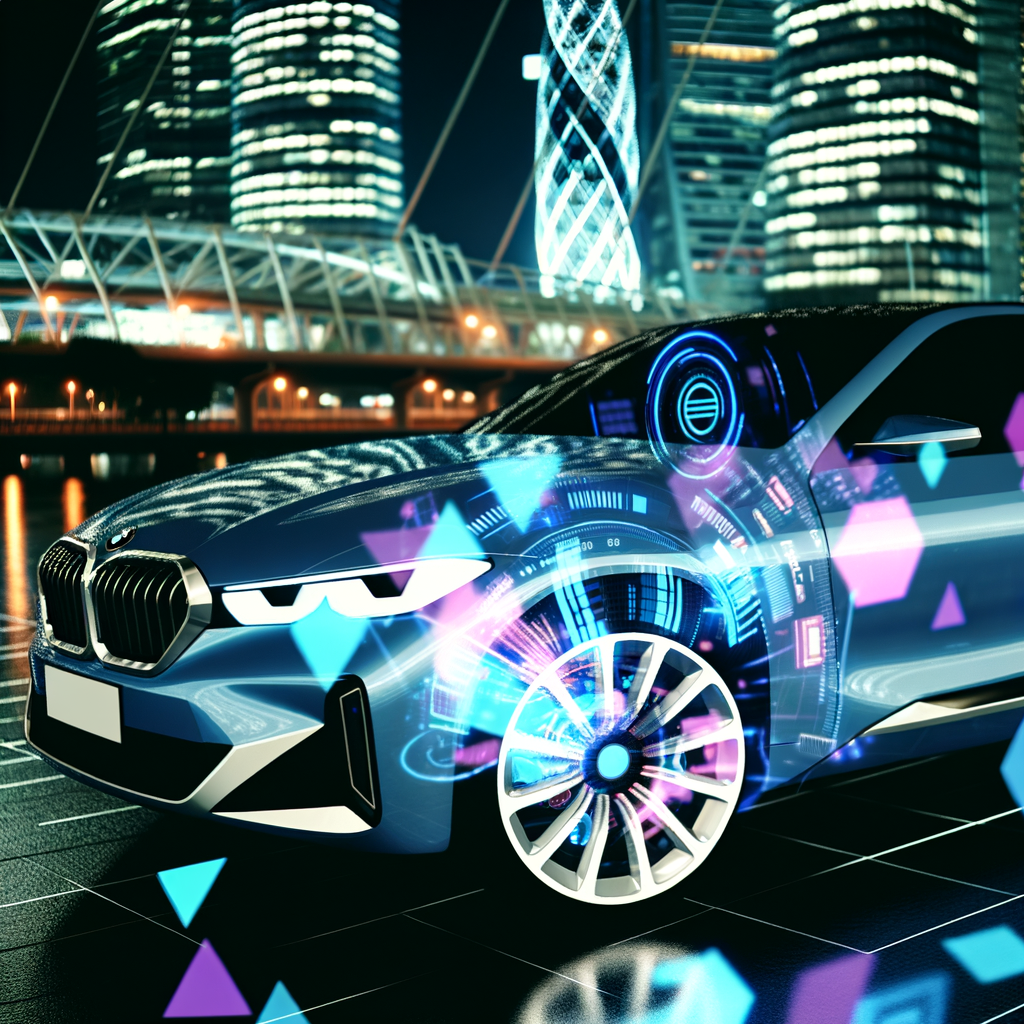 BMW car with futuristic AI holographics displayed.