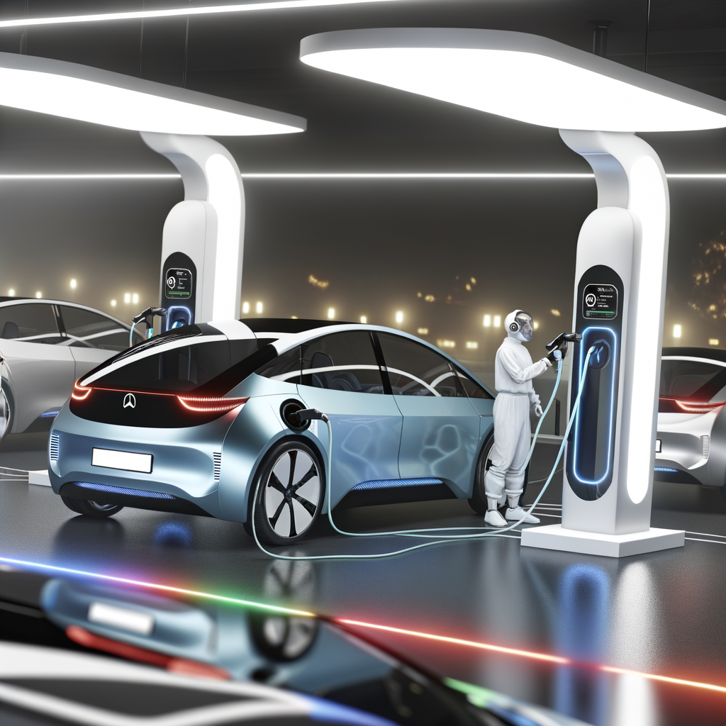 Electric cars charging, future tech showcased.