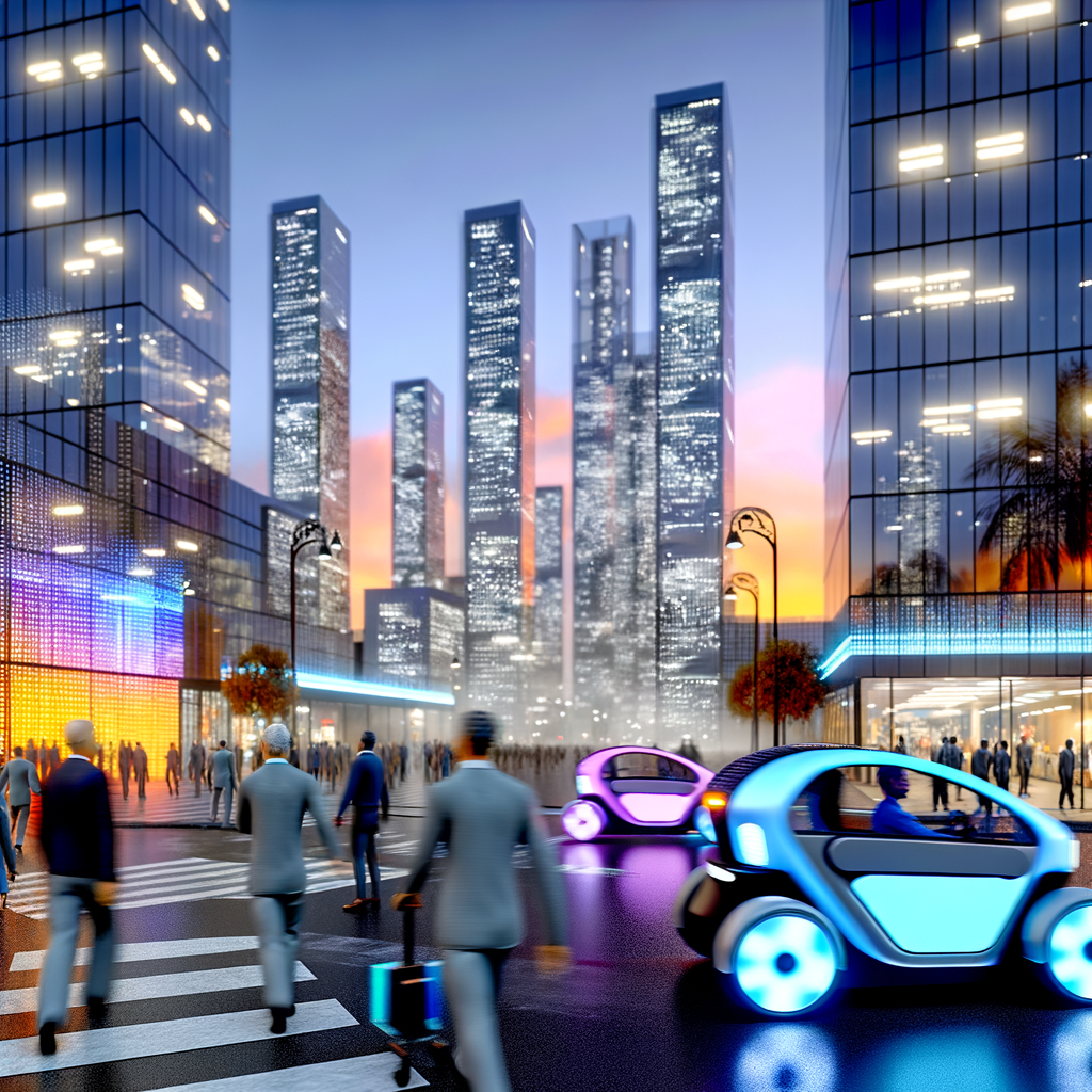 Electric cars leading futuristic cityscape transformation.