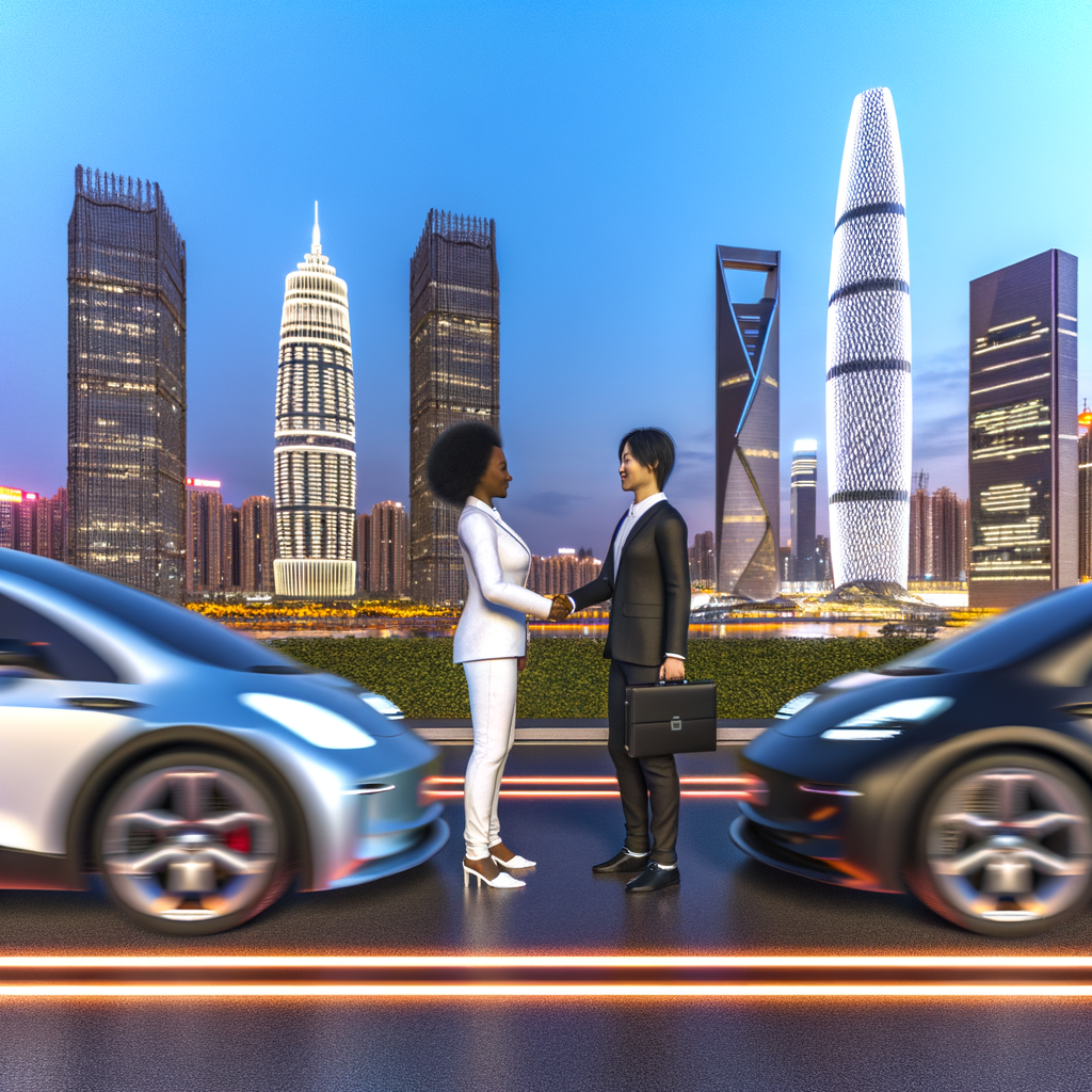Electric cars, partnership handshake, China skyline.