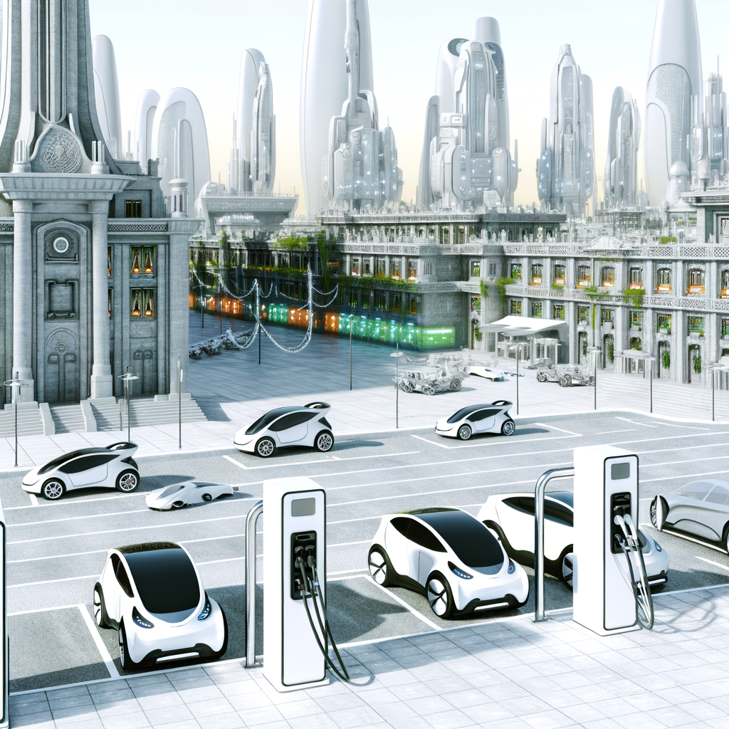 Electric vehicles charging in futuristic cityscape.