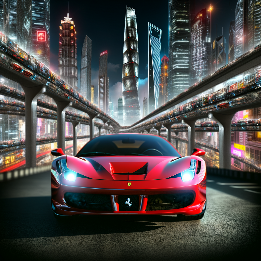 Ferrari supercar gleaming amid futuristic cityscape.