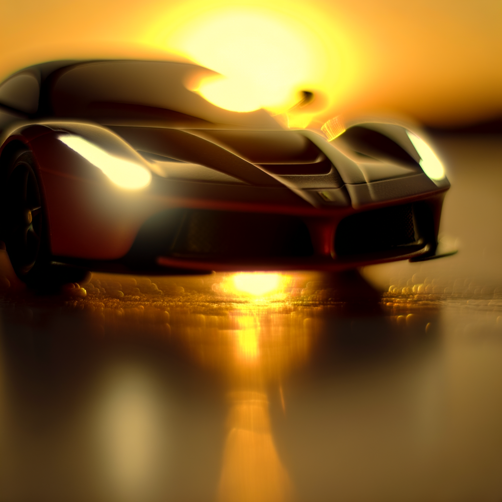 Ferrari supercar gleaming in sunset glow.