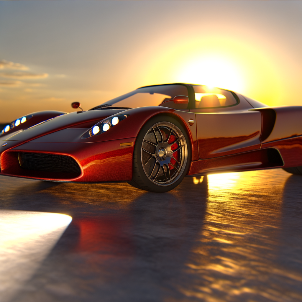 Ferrari supercar gleaming in sunset glow.