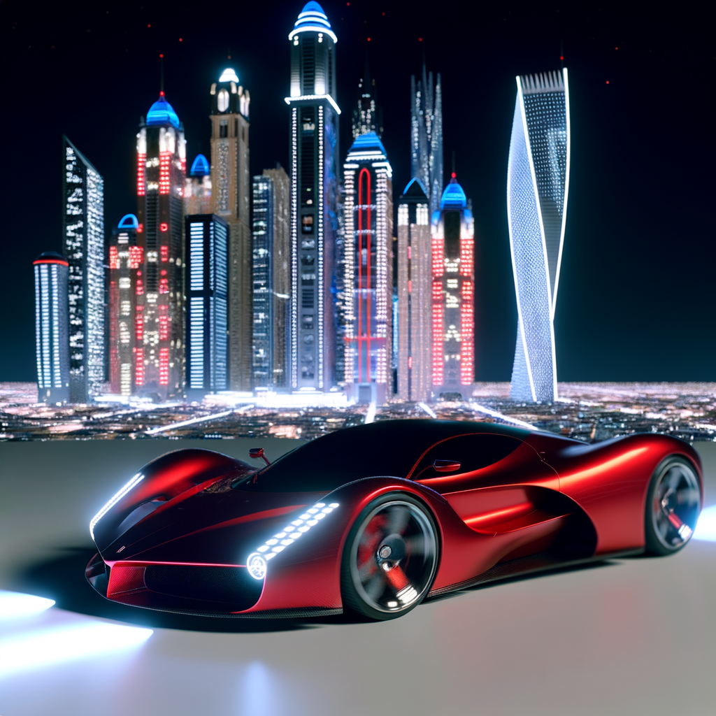 Ferrari supercar gliding through futuristic cityscape.