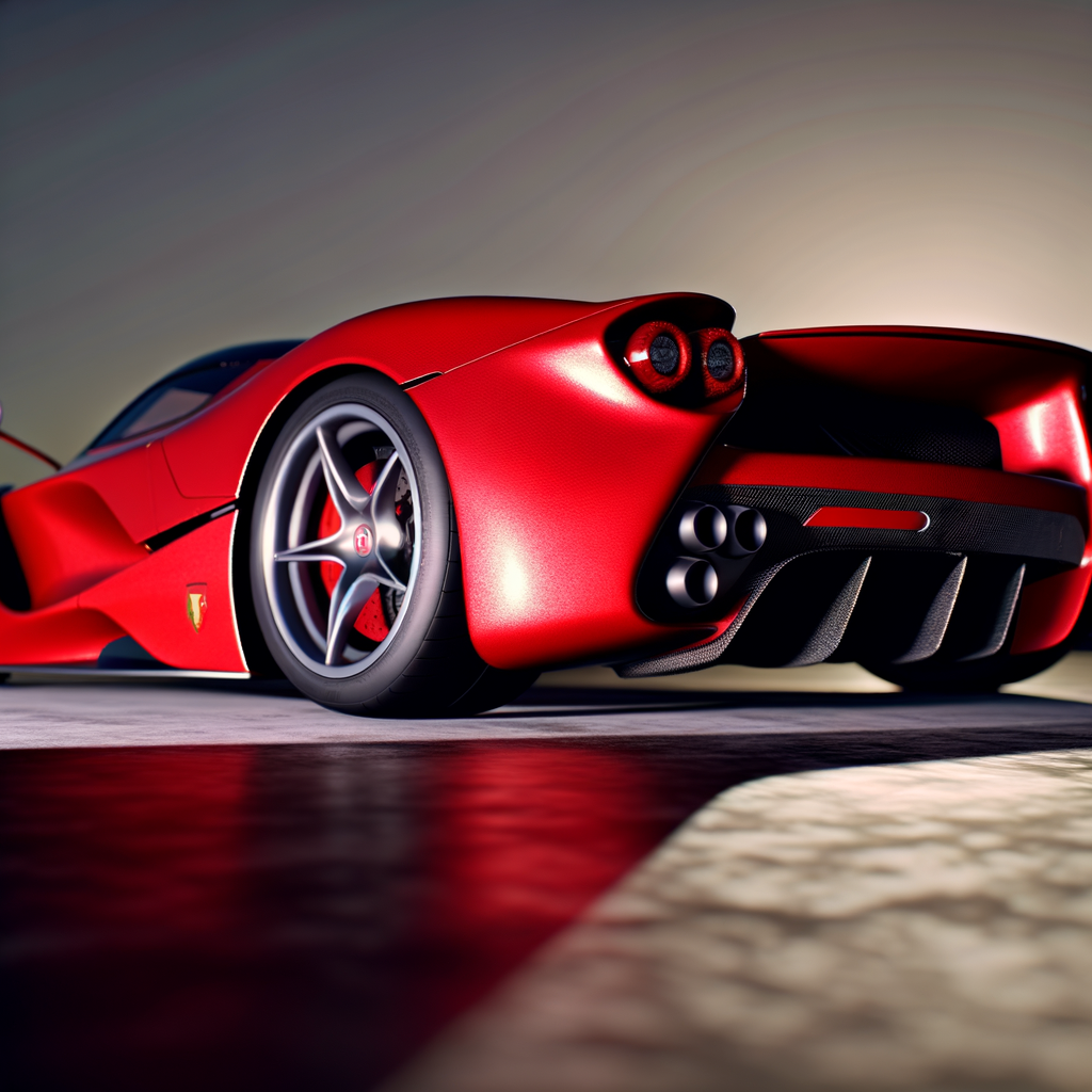 Ferrari supercar glistening under evening sun.