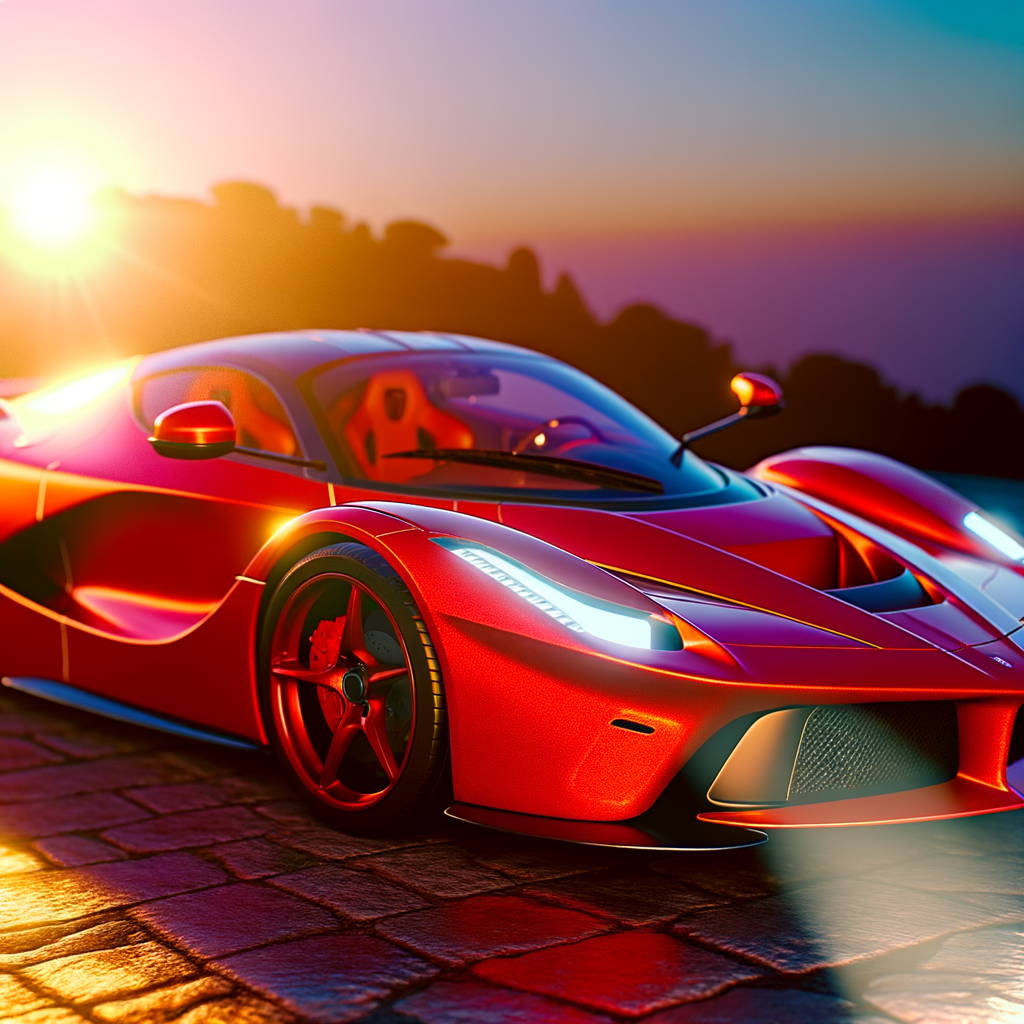 Ferrari supercar glistening under Italian sunset.