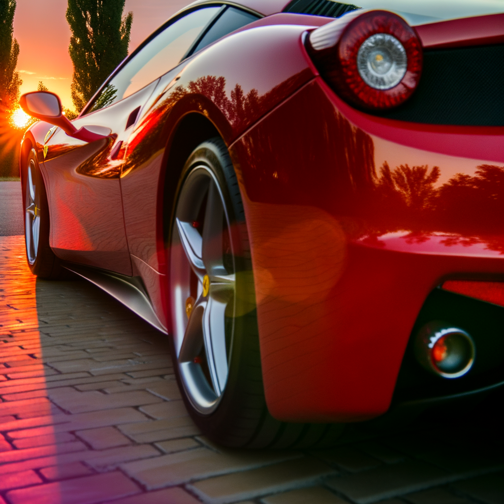 Ferrari supercar glistens under Maranello sunset.