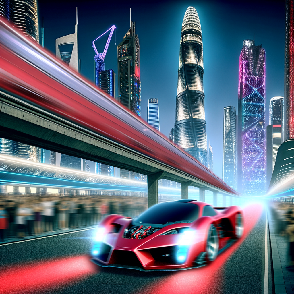 Ferrari supercar racing through futuristic cityscape.