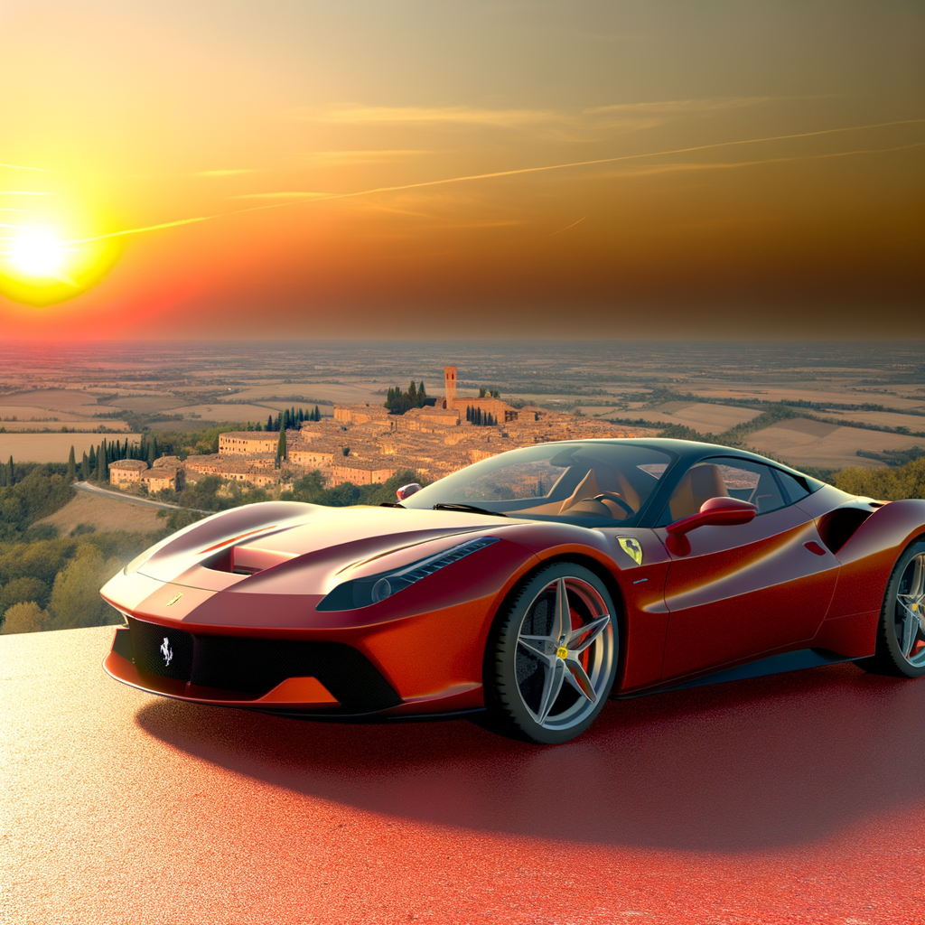 Ferrari supercar, sleek design, Maranello sunset.