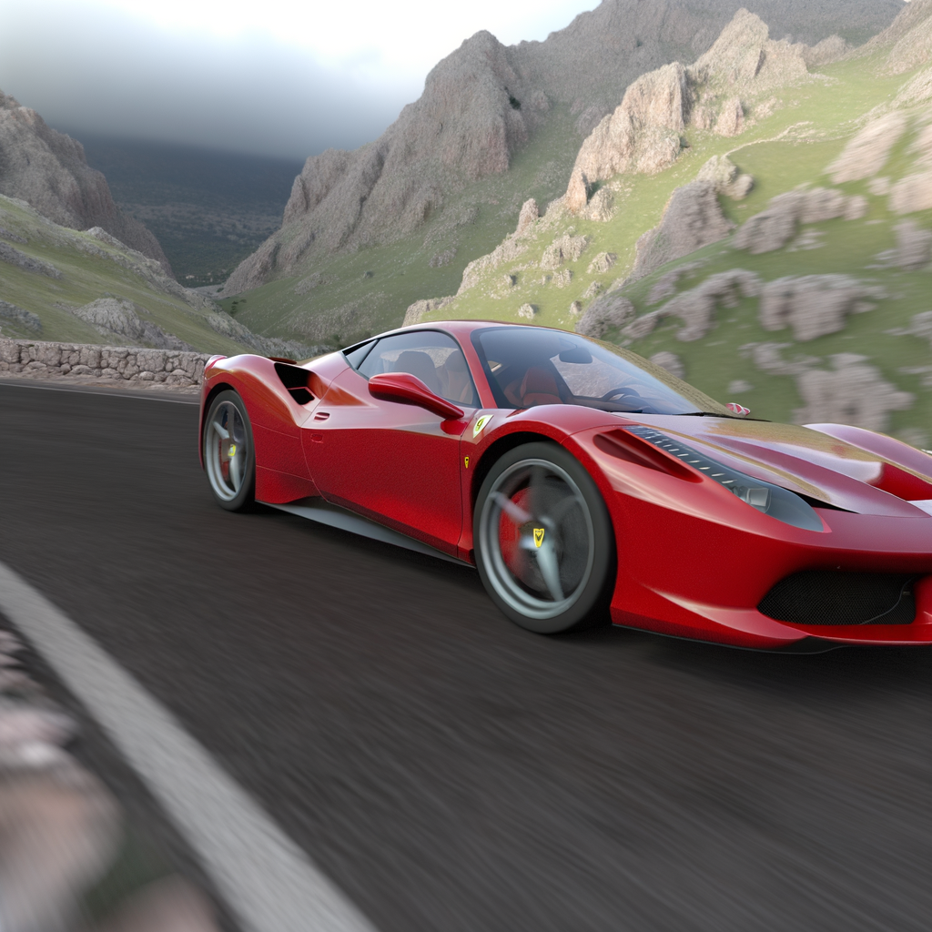 Ferrari supercar speeding through mountain curves.
