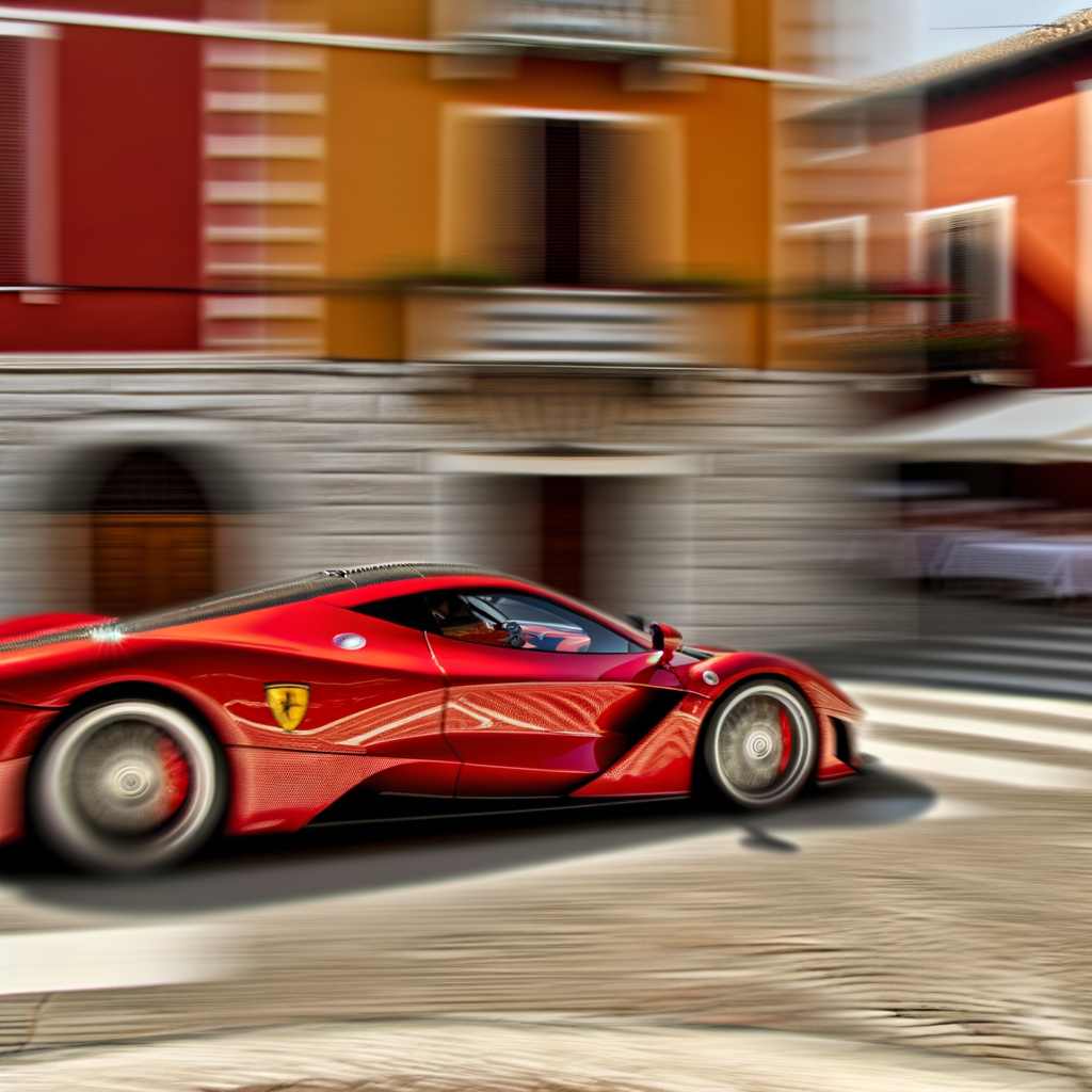 Ferrari supercar speeds through Maranello's streets.