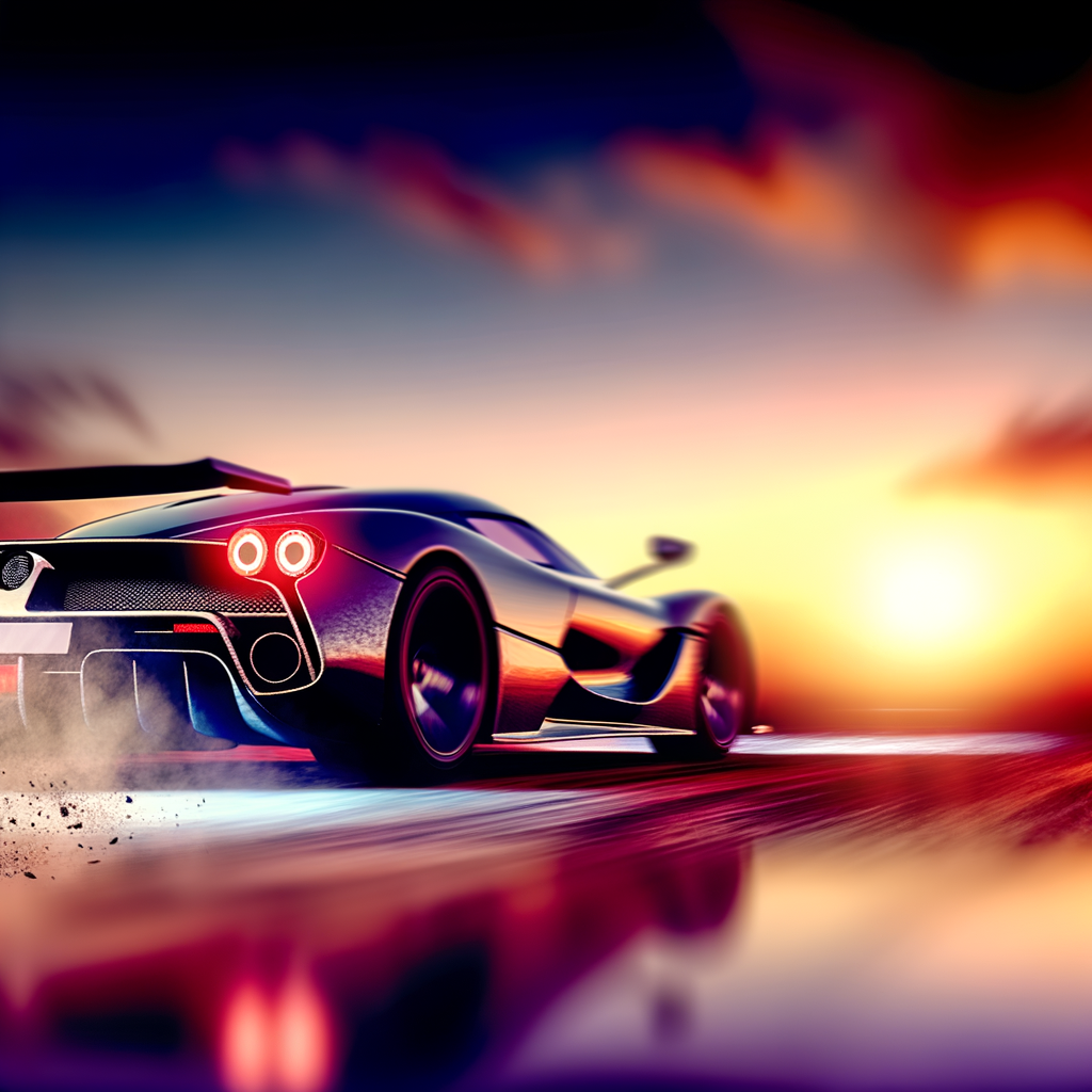 Ferrari's sleek supercar speeds through sunset.