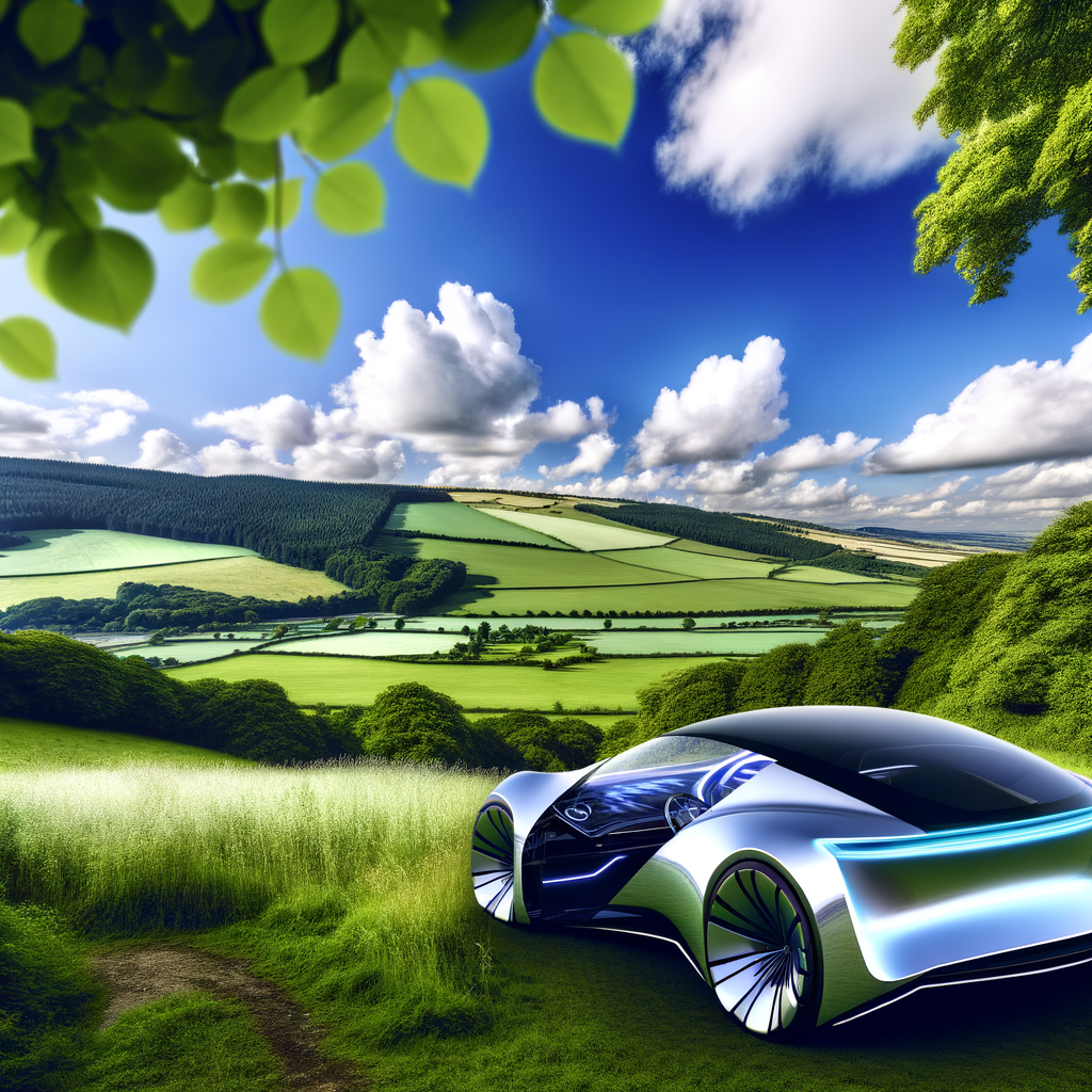 Futuristic BMW car amid green landscape.