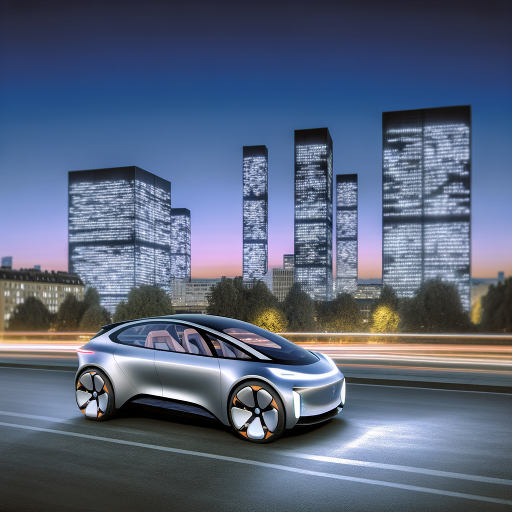 Futuristic BMW electric car amidst cityscape.