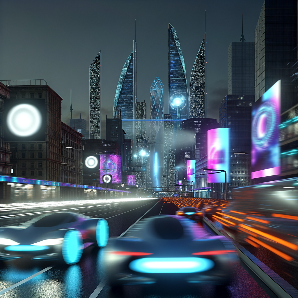 Futuristic cars amidst digital transformation skyline.