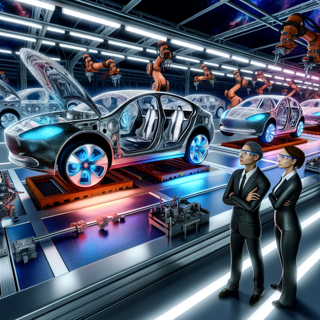Futuristic cars showcasing innovation on assembly line.