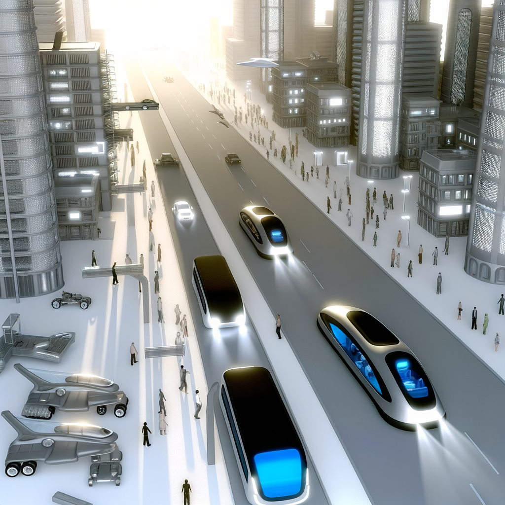 Futuristic cityscape with diverse mobility solutions.