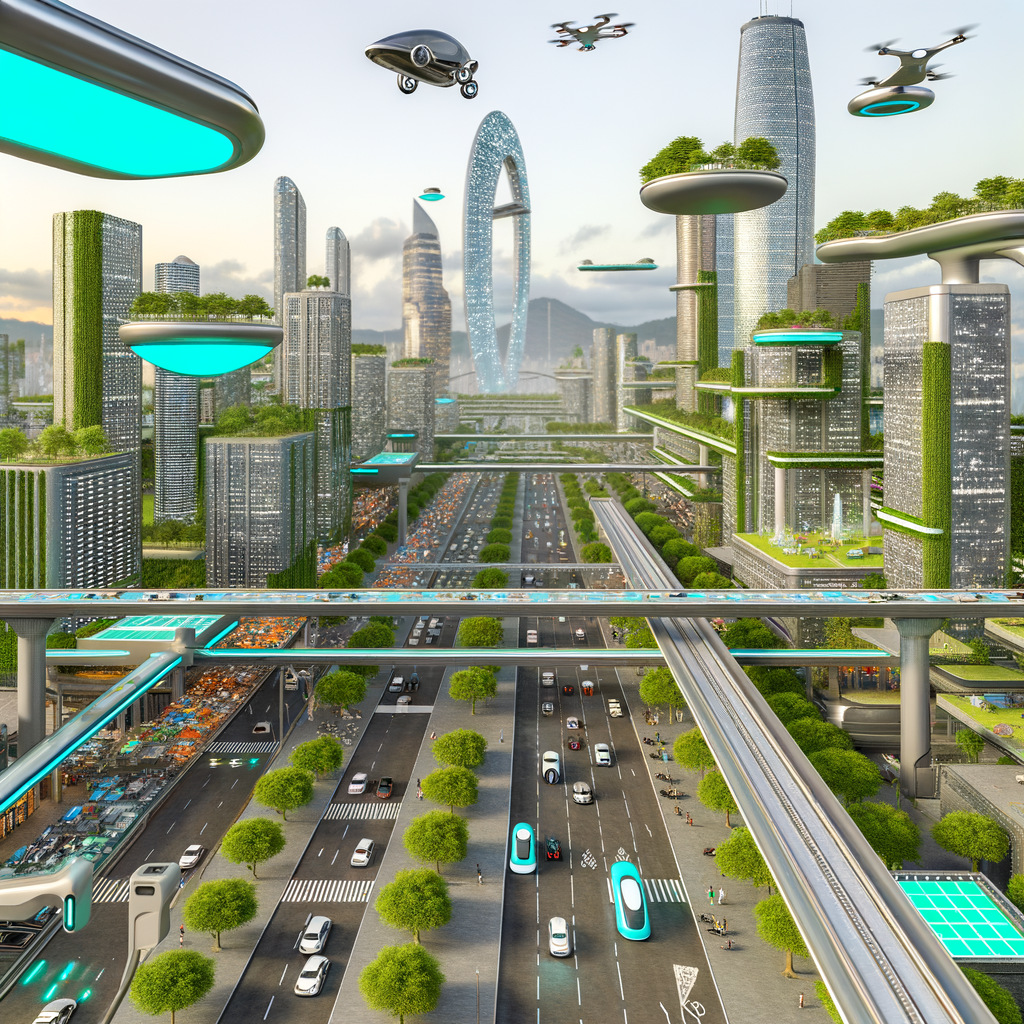 Futuristic cityscape with diverse mobility solutions.
