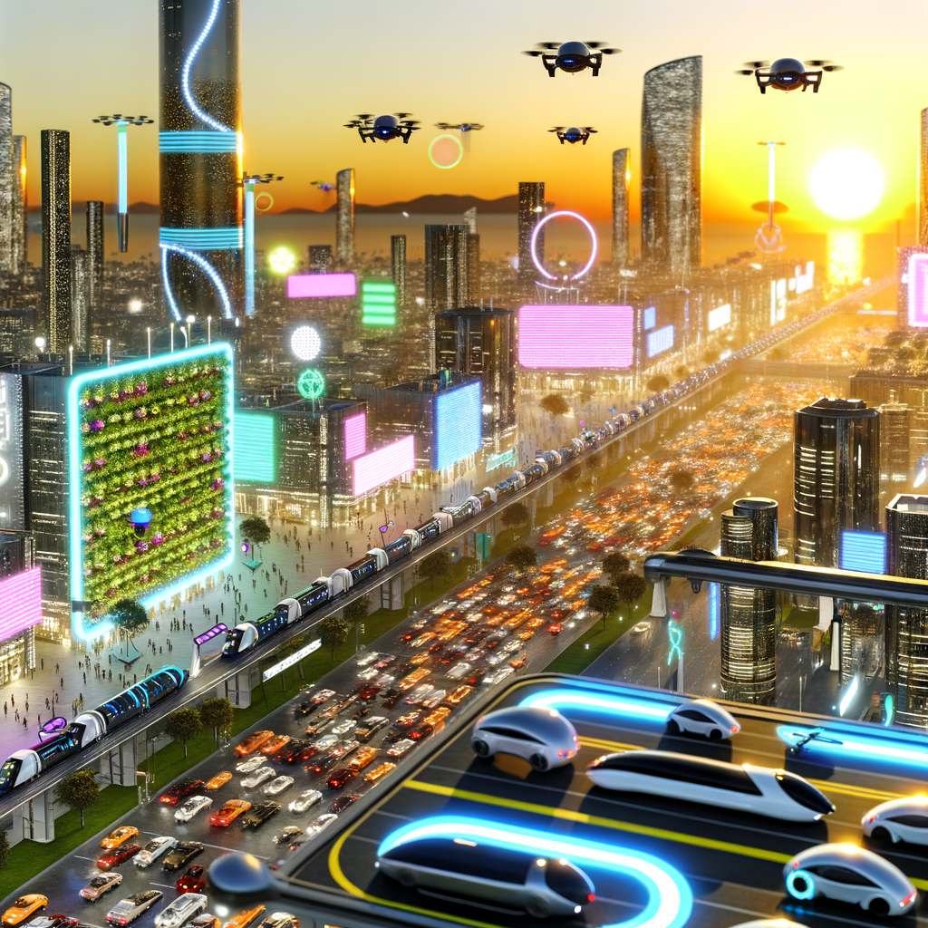 Futuristic cityscape with EVs and drones.